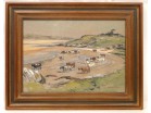 Peinture aquarelle paysage troupeau de vaches à la plage, E.Doigneau, 20
