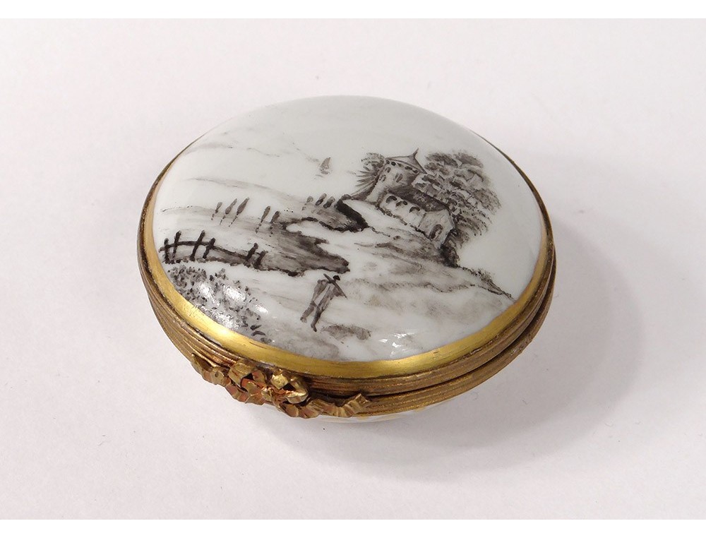Boîte Vintage En Porcelaine Marron - Pilulier Ou écrin à Bijoux - Couvercle Rond - Occasion