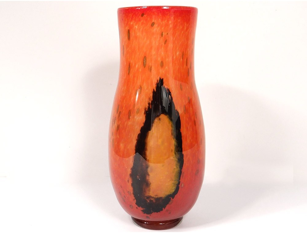 Grand Vase D'art Italien Murano - Verre Soufflé Rouge, Noir Et Or - Occasion