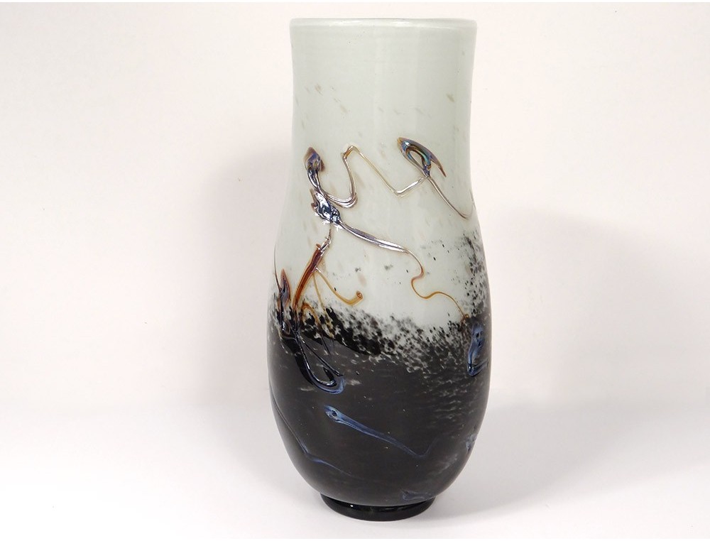 Grand Vase Murano En Verre Soufflé - Design Art Déco Graphique - Multicolore - Occasion