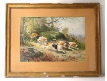 Watercolor landscape Hippolytre Gide dogs pack hunting hunt forest nineteenth