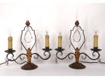 Pair of candelabra 2 lights wrought iron crystal pendants twentieth century