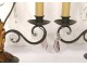 Pair of candelabra 2 lights wrought iron crystal pendants twentieth century