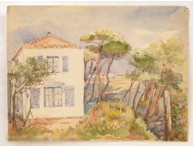 Southern pine landscape watercolor house France XX