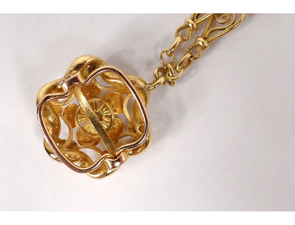 Pendentif Ancien En Or 18k (vers 1900) - Cœur Et Fleur Avec Perle D'eau Douce - Collier Mi-long