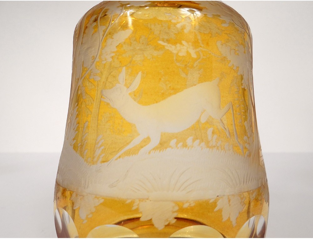 Service 8 glasses carafe crystal carved Bohemia deer deer forest