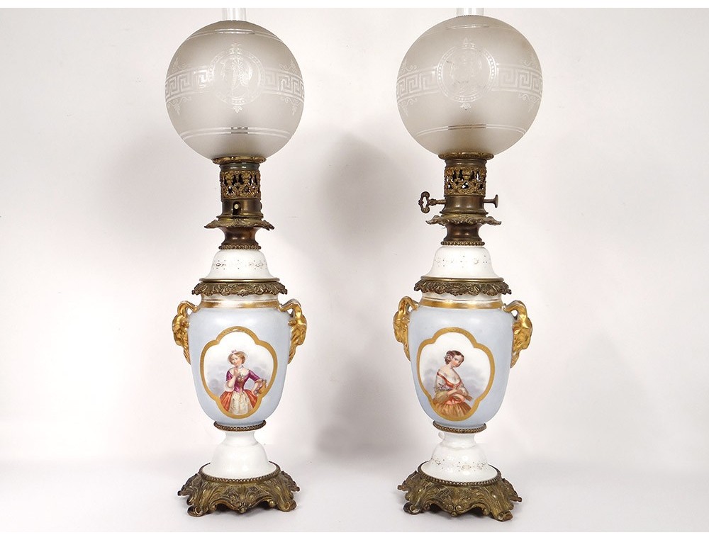 Pair Porcelain Oil Lamps Portraits Women Flowers Louis Philippe Nineteenth Pair Porcelain Oil Lamps Portraits, Antique Porcelain Flower Lampshade