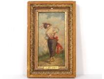 HSP table elegant woman hat ribbon A.Dupuis gilt frame painting nineteenth