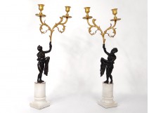 Pair of candelabra 2 fires bronze marble Carrara women antique eagle eighteenth