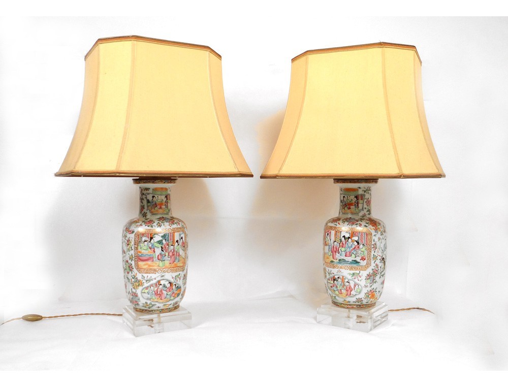 Pair Porcelain Lamps Cantonese, Asian Porcelain Lamps