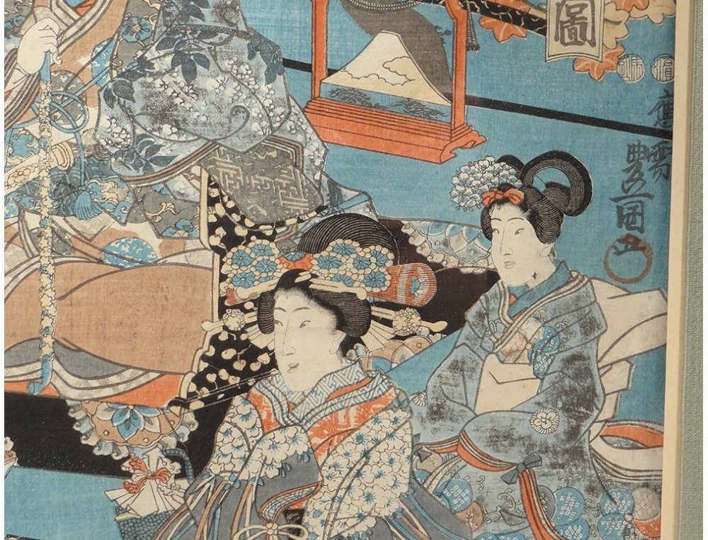 Estampe Japonaise Encadrée de Kunisada | Histoire du Samouraï Saito  Kuranokuke