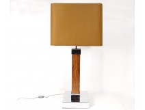 Lamp design metal chrome steel wood lampshade vintage 1970s twentieth