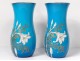 Pair of blue enamelled opaline vases Baccarat lily gilding flowers nineteenth century