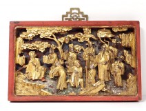 Panel carved bas-relief gilded dignitaries characters China XIX