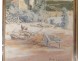Small watercolor landscape Alexis de Broca Manor Clisson chickens Loire twentieth