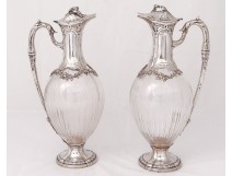 Pair sterling silver ewers crystal Minerva goldsmith Lefebre vine nineteenth