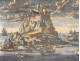 Watercolor engraving Mont Saint-Michel village abbey Aveline seventeenth boats