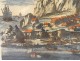 Watercolor engraving Mont Saint-Michel village abbey Aveline seventeenth boats