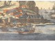 Watercolor engraving Mont Saint-Michel village abbey Aveline seventeenth boats