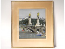 Watercolor gouache view bridge Alexandre III Paris Seine Tristani twentieth century