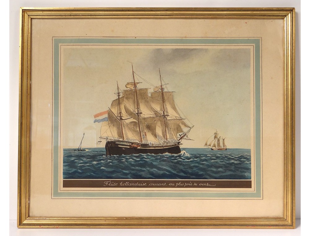 Aquarelle Marine Bateau Flute Hollandaise Marseille J J Baugean 1816 Xixe