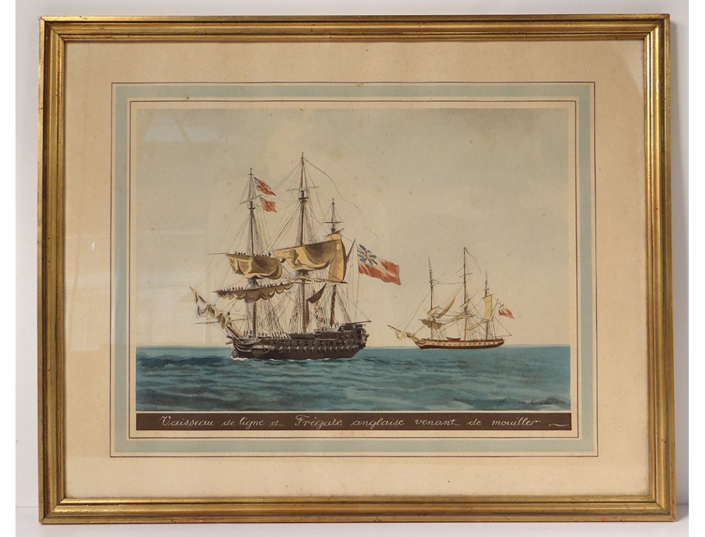 Aquarelle Marine Vaisseau Fregate Anglaise Marseille J J Baugean 1816 Xixe