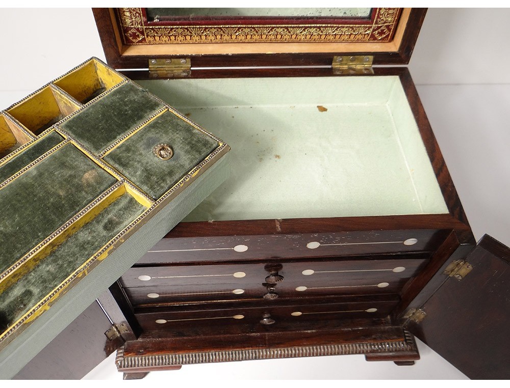 Coffret à Bijoux Ancien - 3 Tiroirs En Bois Incrusté De Nacre - Occasion