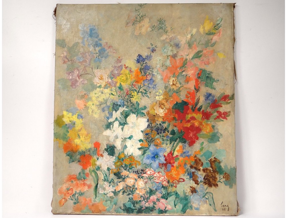 Hst Tableau Nature Morte Bouquet Fleurs Signé Lang 1935