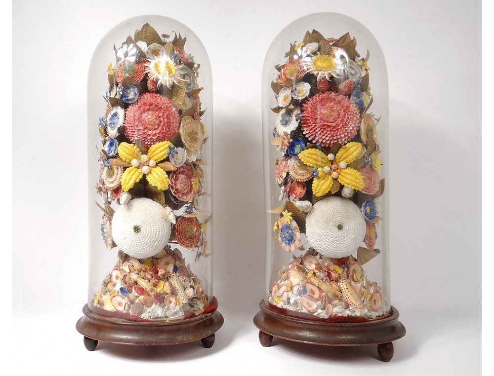 Paire De Cadres Exotiques Vintage - Fleurs Et Coquillages - Artisanat Philippin