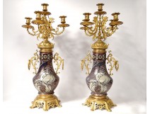 Pair candelabra 5 lights gilt bronze porcelain polychrome Art Nouveau XIXth