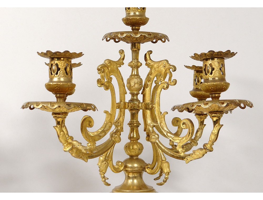 Pair Candelabra 5 Lights Gilt Bronze Porcelain Polychrome Art Pair Candelabra 5 Lights Gilt Bronze Porcelain Polychrome Art Nouveau Xixth