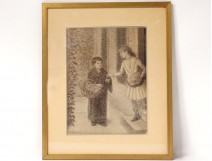 Drawing charcoal pointillist H. Chanet impressionist women merchant nineteenth