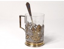 Cup holder cup sterling silver niellated Russian USSR spoon enamel twentieth