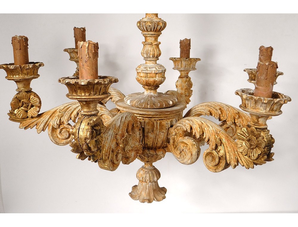 Chandelier 7 Lights Carved Wood Gilded Heads Characters Flowers Chandelier 7 Lights Carved Wood Gilded Heads Characters Flowers Decoration Nineteenth