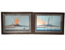 Pair Neapolitan gouaches eruption Vesuvius Italy boats May 27, 1858 Nineteenth