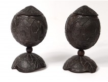 Pair coconut carved cuts Guyana boats landscape bagnard nineteenth