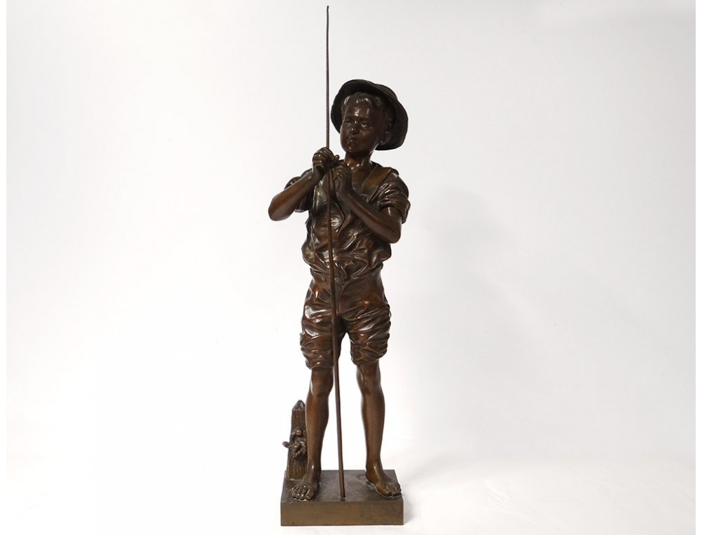 Sculpture bronze Lavergne jeune pêcheur enfant XIXème siècle
