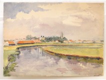 Watercolor Landscape River City Church Normandy twentieth