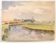 Watercolor Landscape River City Church Normandy twentieth