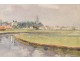 Watercolor Landscape River City Church Normandy twentieth