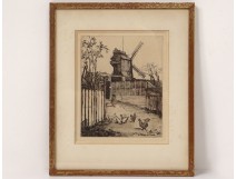 Engraving etching Eugène Béjot Moulin de la Galette Paris chickens twentieth century