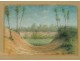 Drawing pastel landscape countryside border forest trees monogrammed 1911 twentieth