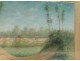 Drawing pastel landscape countryside border forest trees monogrammed 1911 twentieth