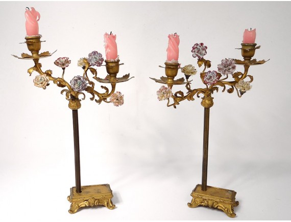 Paire De Bougeoirs Chandeliers 2 Branches En Laiton – XIXème – Très Bon État