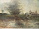 HSP Impressionist Landscape Landscape Village Pond Signed Nineteenth