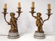 Pair of candelabra 2 fires bronze marble children fauns satyres Clodion nineteenth