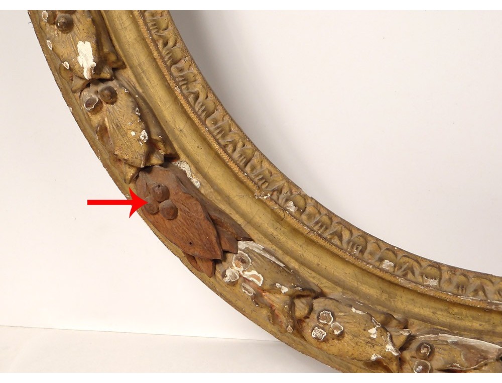 Cadre Photo Ovale Doré Ancien - Peinture Sur Soie "L'hiver" D'après Fragonard - Bois Sculpté