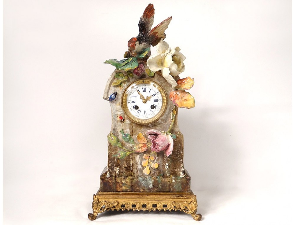 Horloge murale décorative avec oiseau sur branches en bois et métal