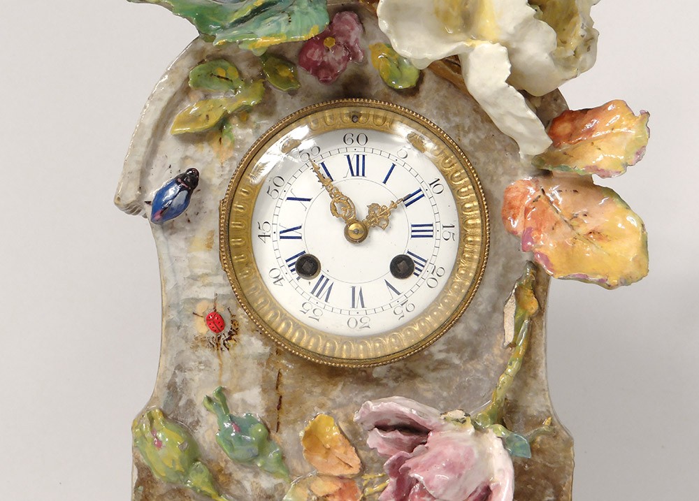 Polished Antique Polyresin Hand-Painted Table Clock w// Swinging Pendulum