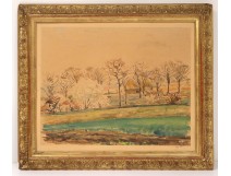 Watercolor landscape Auvers-sur-Oise countryside houses trees signed twentieth century